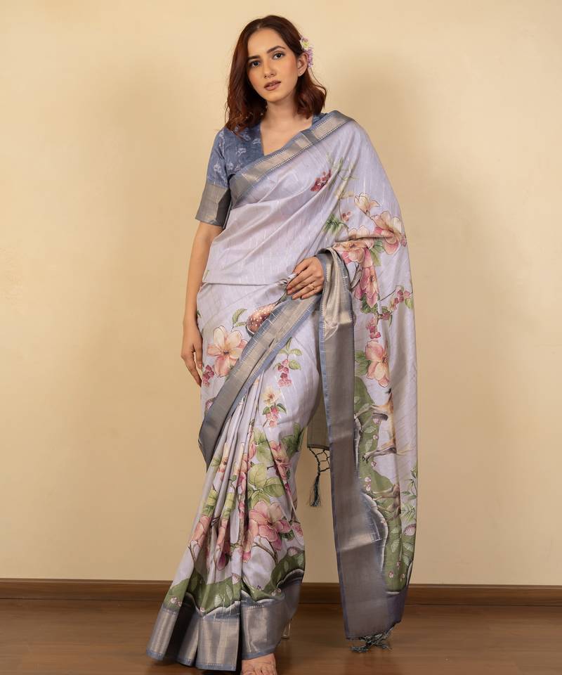 Light lavender cotton silk blend floral print zari woven border saree with unstitched blouse piece