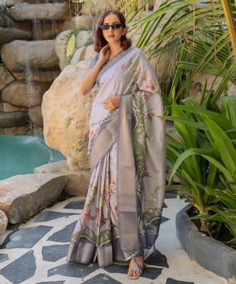 Light lavender cotton silk blend floral print zari woven border saree with unstitched blouse piece 2