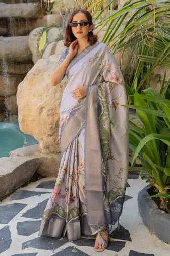 Light lavender cotton silk blend floral print zari woven border saree with unstitched blouse piece