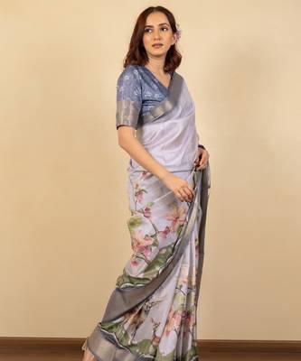 Light lavender cotton silk blend floral print zari woven border saree with unstitched blouse piece 3