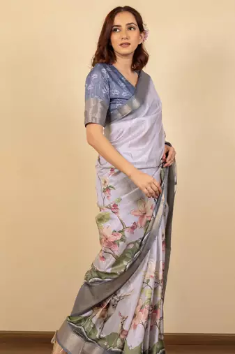 Light lavender cotton silk blend floral print zari woven border saree with unstitched blouse piece