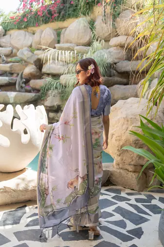 Light lavender cotton silk blend floral print zari woven border saree with unstitched blouse piece