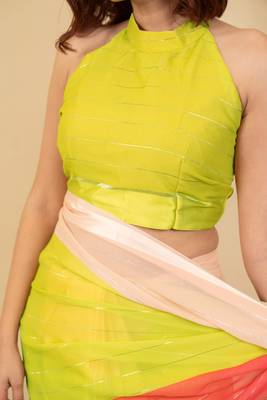 Pink georgette color block ,zari line satin border saree with unstitched blouse piece 5