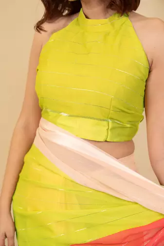 Pink georgette color block ,zari line satin border saree with unstitched blouse piece