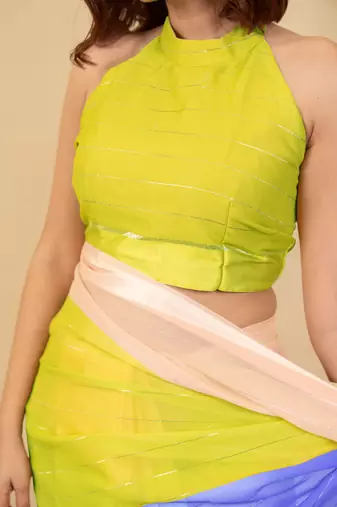 Lime yellow georgette color block zari line satin border saree with unstitched blouse piece