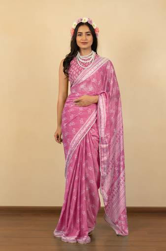 Dusty pink chiffon floral print zari work golden lace saree with unstitched blouse piece