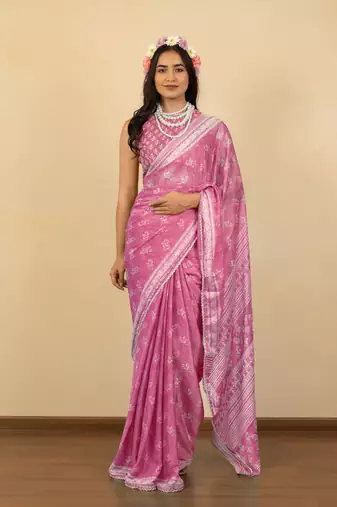 Dusty pink chiffon floral print zari work golden lace saree with unstitched blouse piece