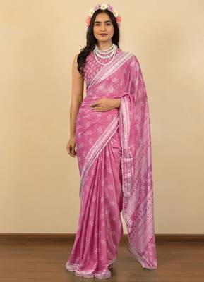 Dusty pink chiffon floral print zari work golden lace saree with unstitched blouse piece 1