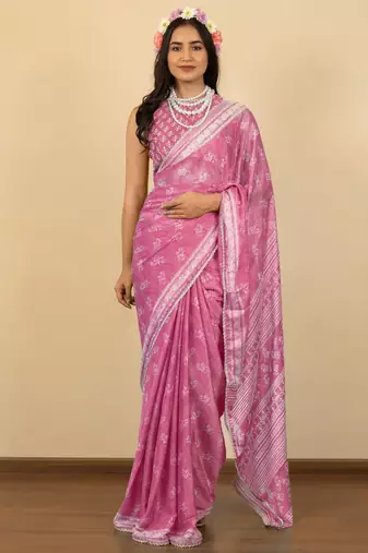 Dusty pink chiffon floral print zari work golden lace saree with unstitched blouse piece