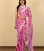 Dusty pink chiffon floral print zari work golden lace saree with unstitched blouse piece