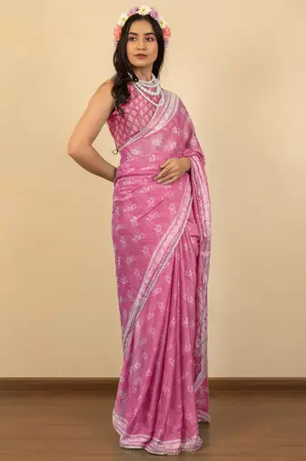 Dusty pink chiffon floral print zari work golden lace saree with unstitched blouse piece