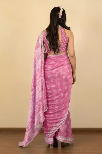 Dusty pink chiffon floral print zari work golden lace saree with unstitched blouse piece