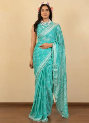 Light lavender chiffon floral print zari work golden lace saree with unstitched blouse piece 1