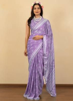 Light purple chiffon floral print zari work golden lace saree with unstitched blouse piece 1