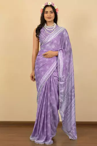 Light purple chiffon floral print zari work golden lace saree with unstitched blouse piece