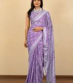 Light purple chiffon floral print zari work golden lace saree with unstitched blouse piece