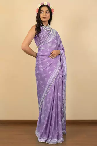 Light purple chiffon floral print zari work golden lace saree with unstitched blouse piece