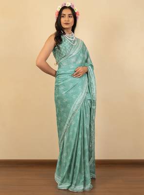 Dusty teal chiffon floral print zari work golden lace saree with unstitched blouse piece 3