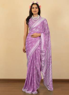 Light lavender chiffon floral print zari work golden lace saree with unstitched blouse piece 1