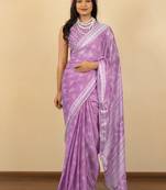 Light lavender chiffon floral print zari work golden lace saree with unstitched blouse piece