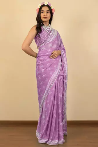 Light lavender chiffon floral print zari work golden lace saree with unstitched blouse piece