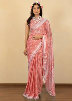 Peach chiffon floral print zari work golden lace saree with unstitched blouse piece 1