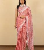 Peach chiffon floral print zari work golden lace saree with unstitched blouse piece