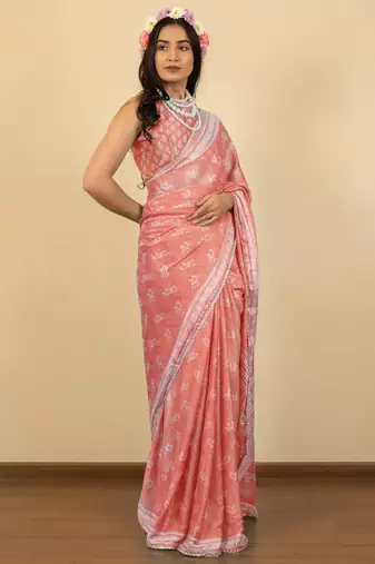 Peach chiffon floral print zari work golden lace saree with unstitched blouse piece