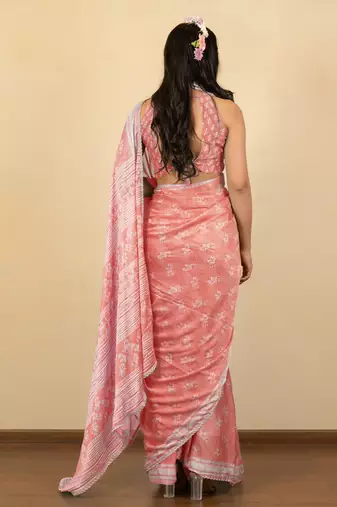 Peach chiffon floral print zari work golden lace saree with unstitched blouse piece