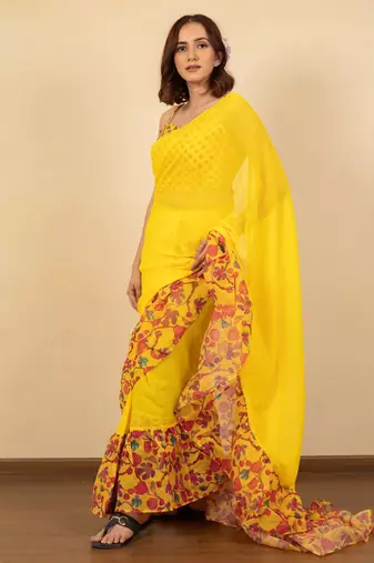 pre-stitched dark navy blue georgette floral printed saree piece