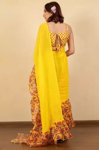 pre-stitched dark navy blue georgette floral printed saree piece