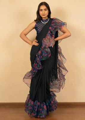 pre draped dark navy blue georgette floral printed saree piece 1