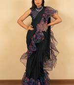 ready to wear dark navy blue georgette floral printed saree with unstitched blouse piece