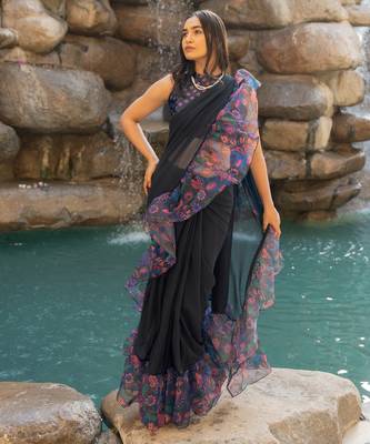 pre draped dark navy blue georgette floral printed saree piece 2