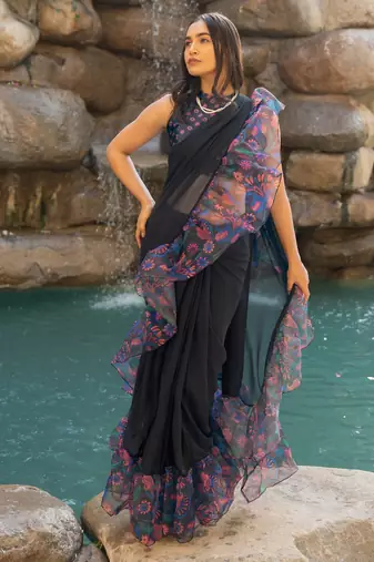 pre draped dark navy blue georgette floral printed saree piece
