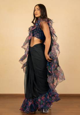 pre draped dark navy blue georgette floral printed saree piece 3