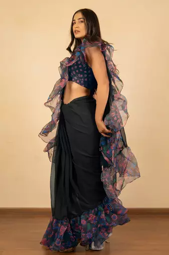 pre draped dark navy blue georgette floral printed saree piece