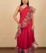 Red georgette floral printed ready to wear saree with unstitched blouse piece