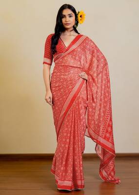 Dusty rose pink chiffon solid/abstract printed saree with unstitched blouse piece 1