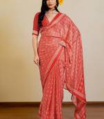 Red chiffon bandhani checks print lace border saree with unstitched blouse piece
