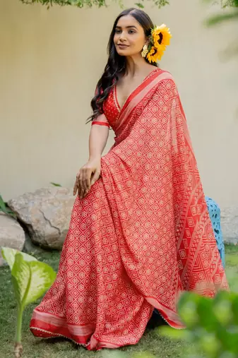 Dusty rose pink chiffon solid/abstract printed saree with unstitched blouse piece