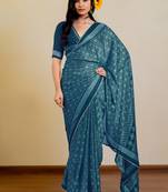 Dark rama blue chiffon bandhani checks print lace border saree with unstitched blouse piece