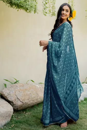 Dark rama blue chiffon bandhani checks print lace border saree with unstitched blouse piece