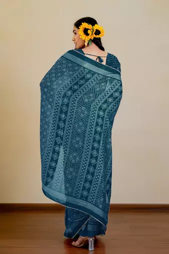 Dark rama blue chiffon bandhani checks print lace border saree with unstitched blouse piece
