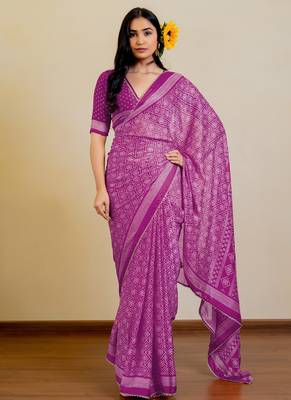 Magenta chiffon bandhani checks print lace border saree with unstitched blouse piece 1