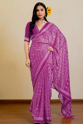 Magenta chiffon bandhani checks print lace border saree with unstitched blouse piece