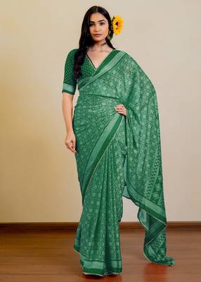 Bottle green chiffon bandhani checks print lace border saree with unstitched blouse piece 1