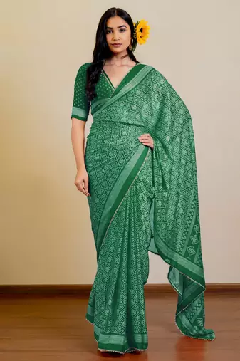 Bottle green chiffon bandhani checks print lace border saree with unstitched blouse piece