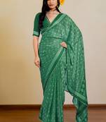 Bottle green chiffon bandhani checks print lace border saree with unstitched blouse piece
