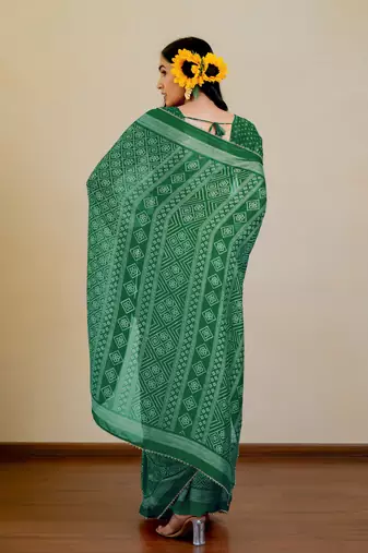 Bottle green chiffon bandhani checks print lace border saree with unstitched blouse piece